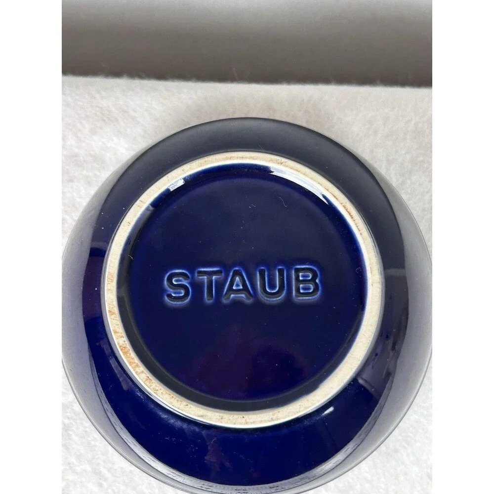 1 Staub 6.5 X 3.25 inch diameter cobalt blue & cream prep bowl